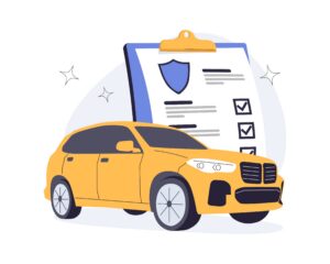 Illustration of a car beside an insurance policy with a checklist